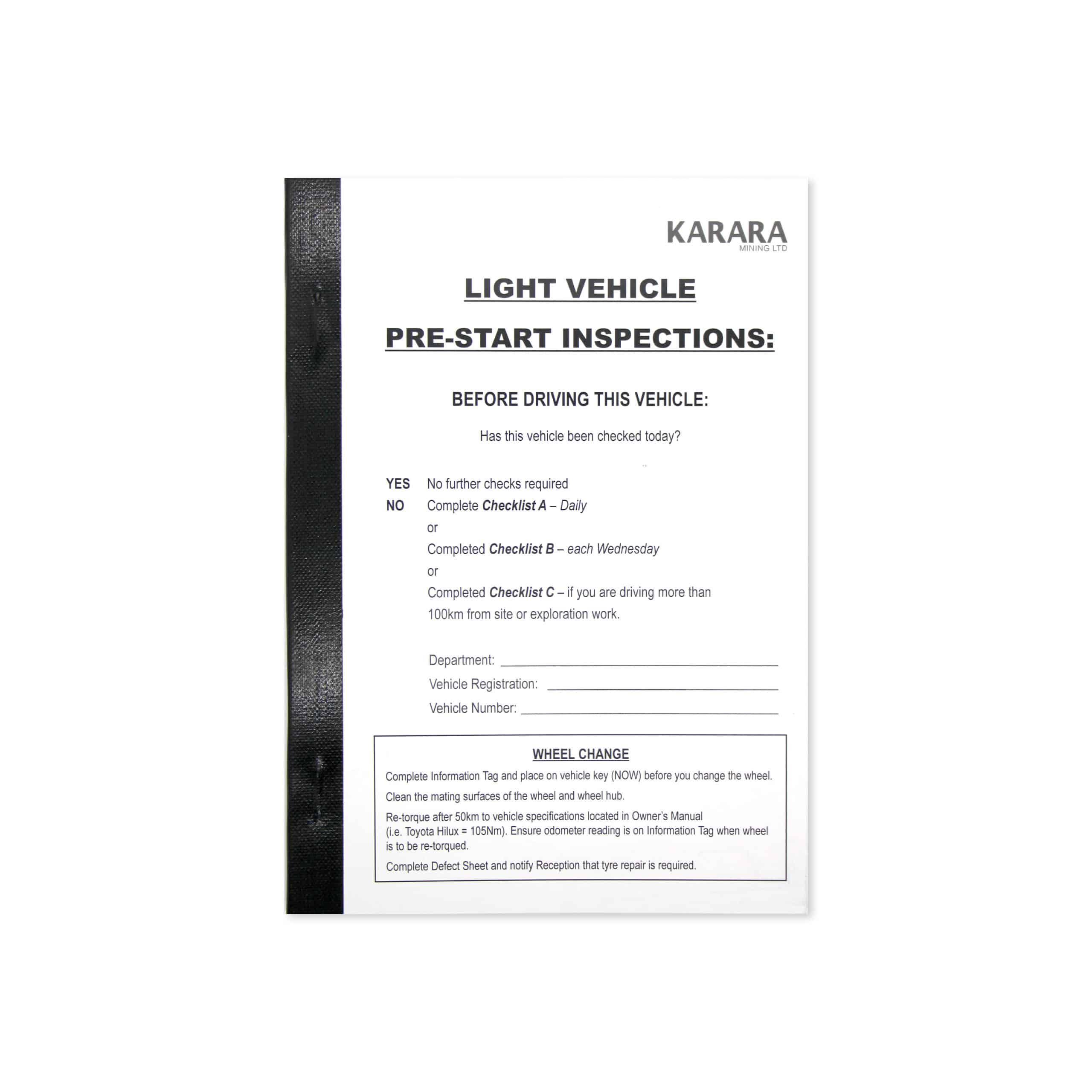 light vehicle pre-start inspection pad